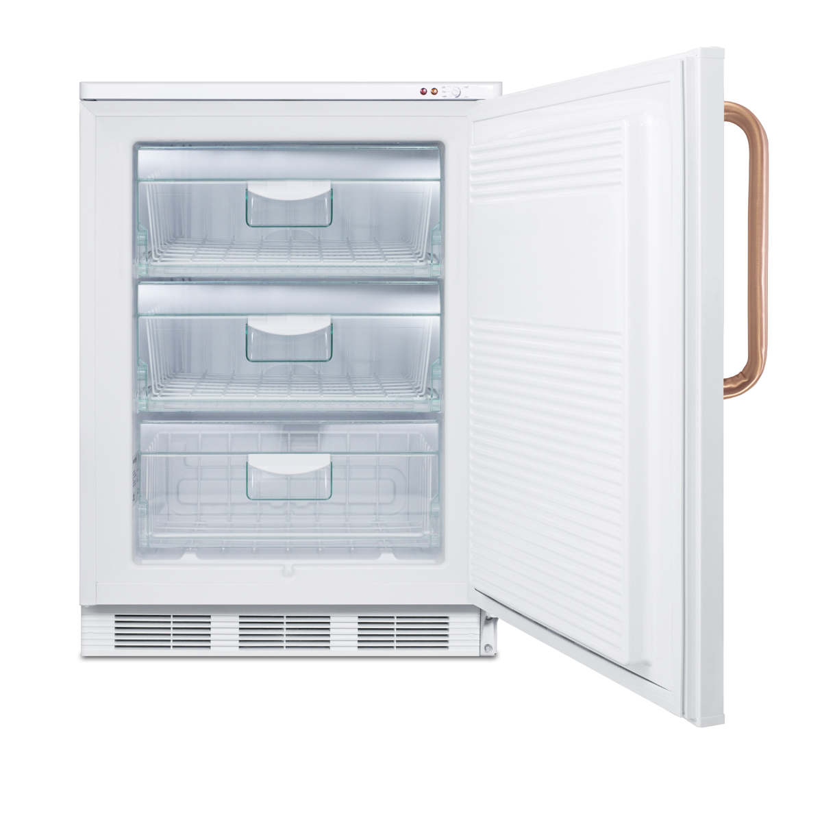 24 in. wide counter height all-freezer capable of -25 C operation with pure copper handle and front-mounted lock